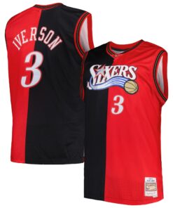 Allen Iverson Philadelphia 76ers Mitchell &amp Ness Big &amp Tall Hardwood Classics 200001 Split Swingman Jersey - BlackRed
