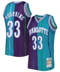 Alonzo Mourning Charlotte Hornets Mitchell &amp Ness Hardwood Classics 199293 Split Swingman Jersey - TealPurple