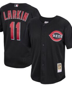Barry Larkin Cincinnati Reds Mitchell amp Ness Cooperstown Collection Mesh Batting Practice ButtonUp Jersey  Black
