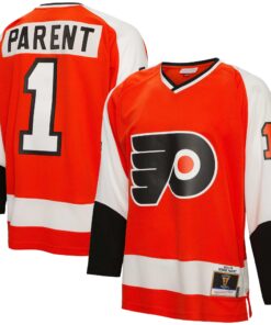 Bernie Parent Philadelphia Flyers Mitchell amp Ness  197475 Blue Line Player Jersey  Orange