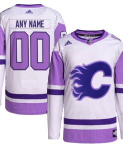 Calgary Flames Hockey Fights Cancer Primegreen Authentic Custom Jersey  WhitePurple