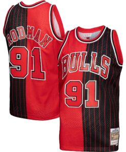 Dennis Rodman Chicago Bulls Mitchell &amp Ness Hardwood Classics 199596 Split Swingman Jersey - RedBlack