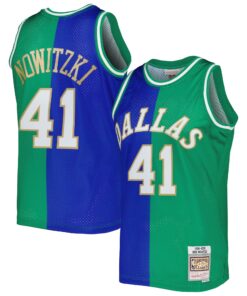 Dirk Nowitzki Dirk Nowitzki Mitchell &amp Ness Hardwood Classics 19982019 Split Swingman Jersey - BlueGreen