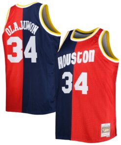 Hakeem Olajuwon Houston Rockets Mitchell &amp Ness Big &amp Tall Hardwood Classics 199394 Split Swingman Jersey - NavyRed