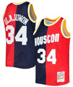 Hakeem Olajuwon Houston Rockets Mitchell &amp Ness Hardwood Classics 199394 Split Swingman Jersey - NavyRed