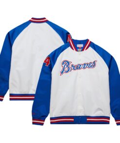 Hank Aaron Atlanta Braves Mitchell amp Ness Cooperstown Collection Legends Lightweight Satin Raglan FullSnap Jacket  WhiteRoyal
