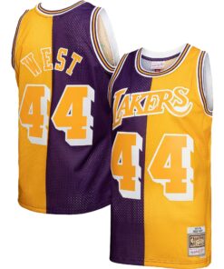 Jerry West Los Angeles Lakers Mitchell &amp Ness Hardwood Classics 197172 Split Swingman Jersey - PurpleGold