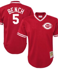 Johnny Bench Cincinnati Reds Mitchell amp Ness Youth Cooperstown CollectionnbspMesh Batting Practice Jersey  Red