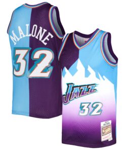 Karl Malone Utah Jazz Mitchell &amp Ness Hardwood Classics 199697 Split Swingman Jersey - PurpleTurquoise
