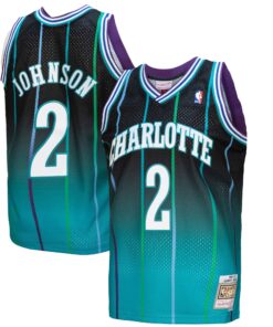 Larry Johnson Charlotte Hornets Mitchell &amp Ness 199293 Hardwood Classics Fadeaway Swingman Player Jersey - TealBlack