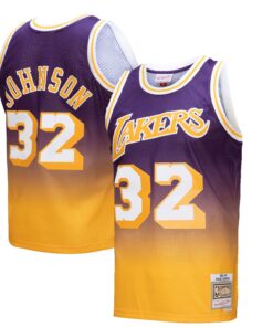 Magic Johnson Los Angeles Lakers Mitchell &amp Ness 198485 Hardwood Classics Fadeaway Swingman Player Jersey - GoldPurple