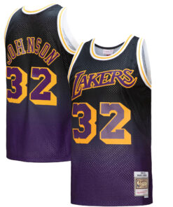 Magic Johnson Los Angeles Lakers Mitchell &amp Ness 198485 Hardwood Classics Fadeaway Swingman Player Jersey - PurpleBlack