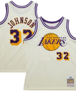 Magic Johnson Los Angeles Lakers Mitchell &amp Ness Chainstitch Swingman Jersey - Cream