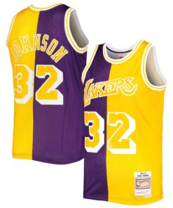 Magic Johnson Los Angeles Lakers Mitchell &amp Ness Hardwood Classics 198485 Split Swingman Jersey - PurpleGold