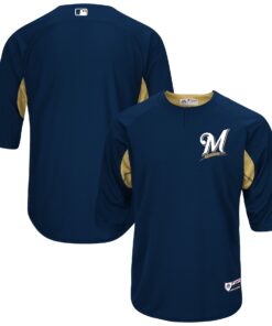 Milwaukee Brewers Majestic Authentic Collection OnField 34Sleeve Batting Practice Jersey  NavyGold