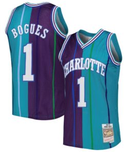 Muggsy Bogues Charlotte Hornets Mitchell &amp Ness Hardwood Classics 199293 Split Swingman Jersey - TealPurple
