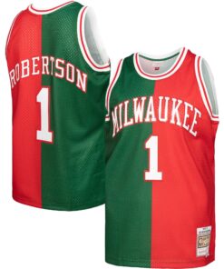 Oscar Robertson Milwaukee Bucks Mitchell &amp Ness Hardwood Classics 197172 Split Swingman Jersey - GreenRed