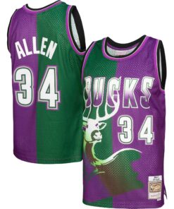 Ray Allen Milwaukee Bucks Mitchell &amp Ness Hardwood Classics 199697 Split Swingman Jersey - GreenPurple