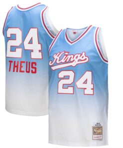 Reggie Theus Sacramento Kings Mitchell &amp Ness 198586 Hardwood Classics Fadeaway Swingman Player Jersey - WhiteLight Blue