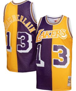 Wilt Chamberlain Los Angeles Lakers Mitchell &amp Ness Hardwood Classics 197172 Split Swingman Jersey - PurpleGold